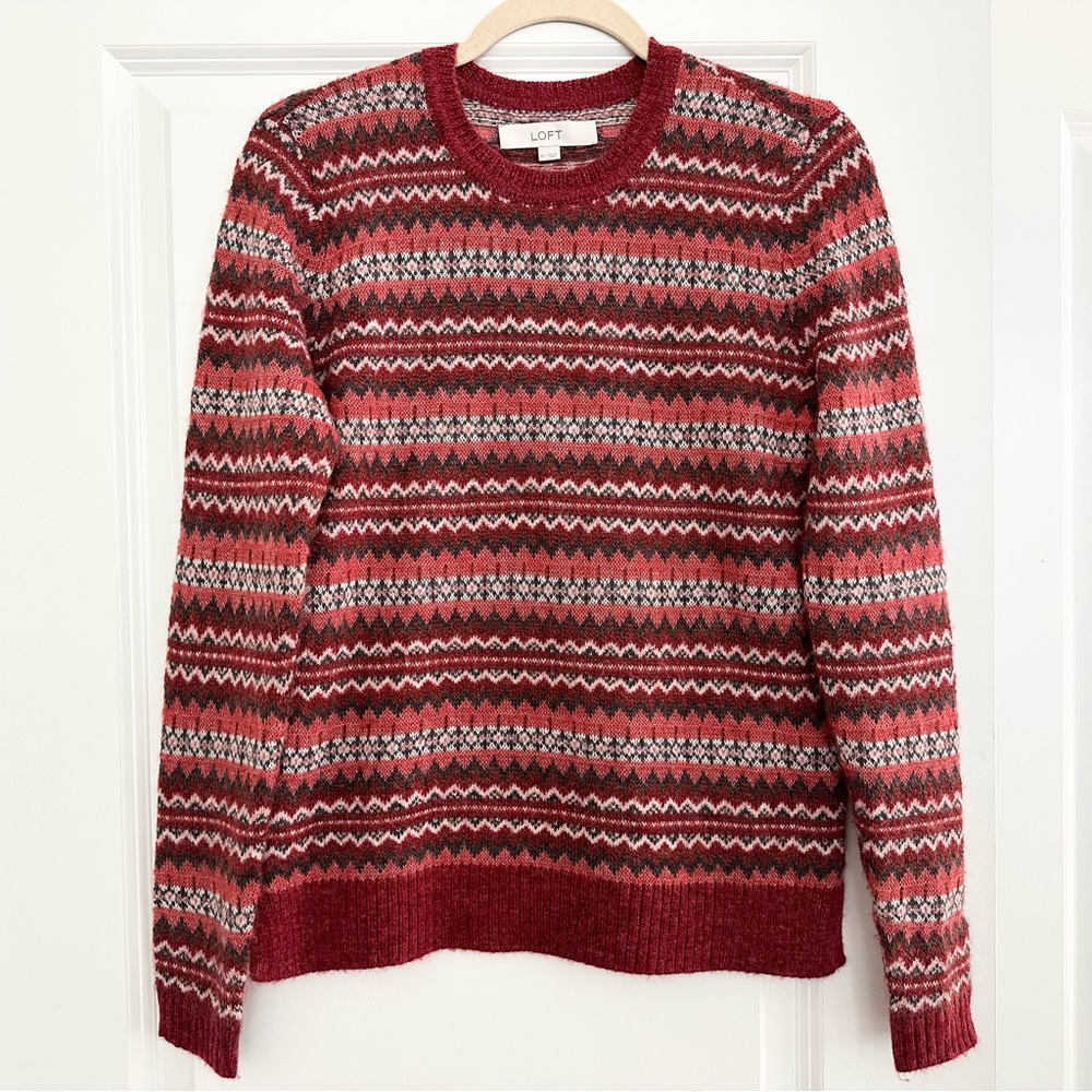 Red Fair Isle Crew Neck Holiday Sweater Subtle Shimmer Effect - Fall / Christmas
